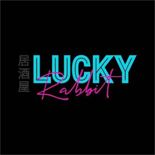 Lucky Rabbit Restaurant logo: Stylish turquoise and pink text on black.